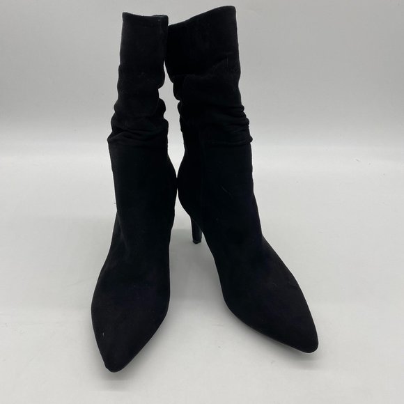 A Black Suede Women Fashion Pull On Slouch Boots Mid Calf Pointed Toe Mid Heel - Picture 1 of 7